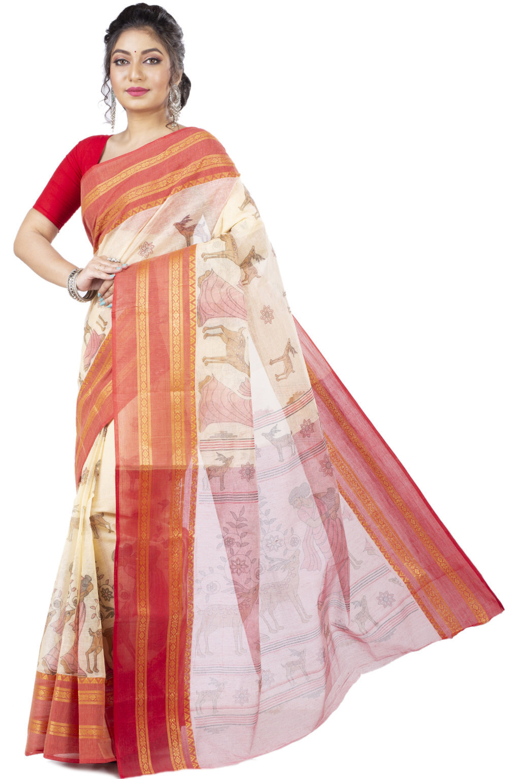 Red Pure Cotton Sakuntala Tant Saree Print (1829)